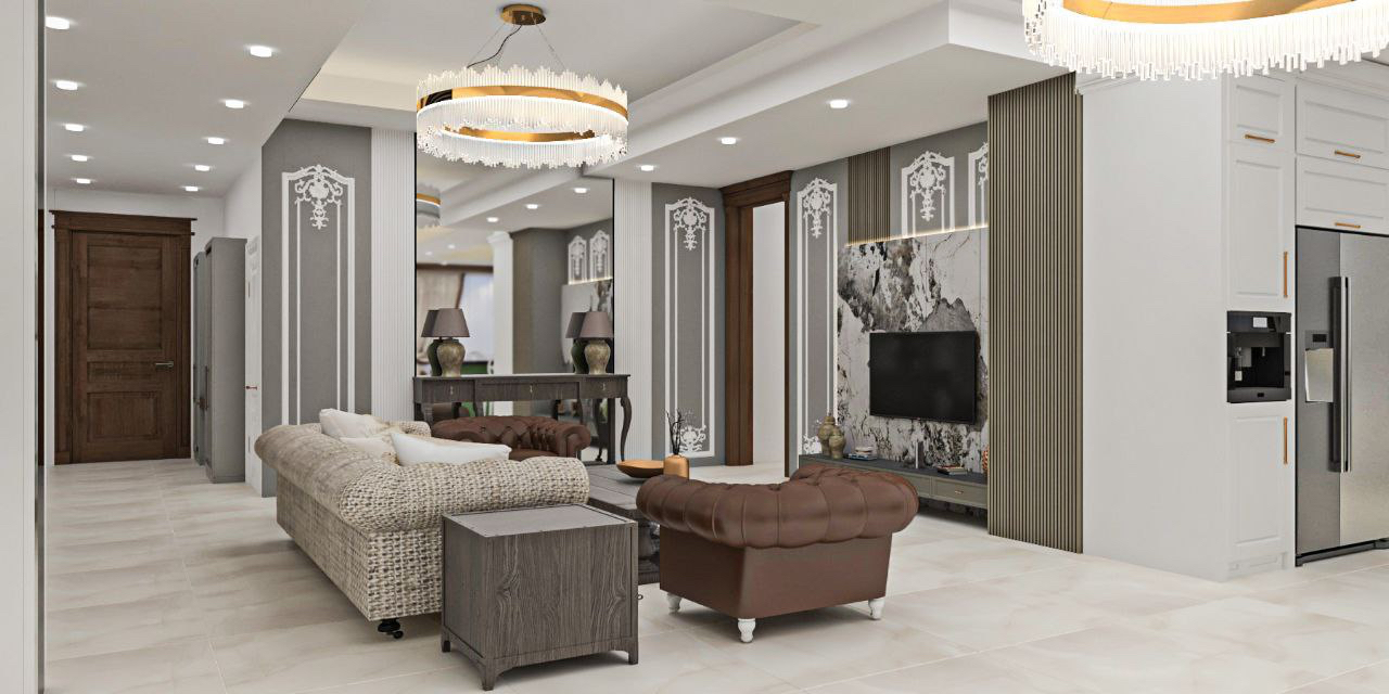 Luxury living room with marble tv wall