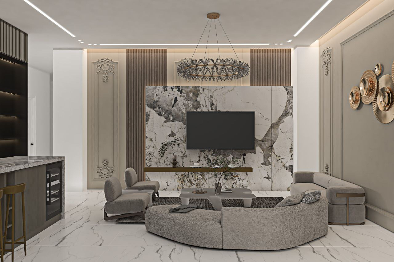 Nude color marble detailed living room