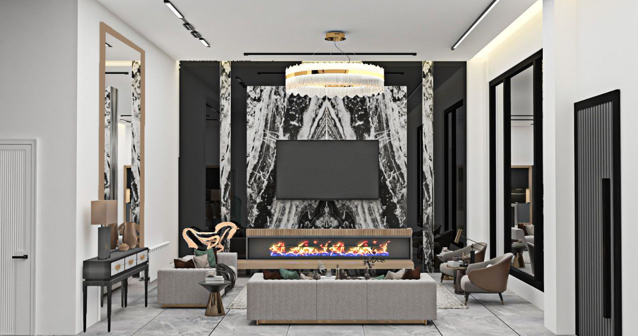 living room with marble tv wall