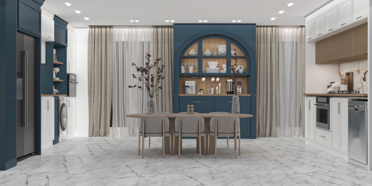 Blue and nude color dining room