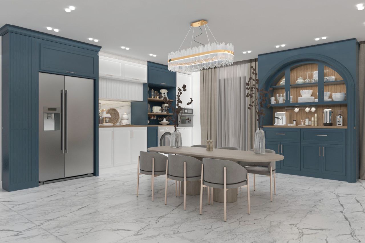 Blue and nude color kitchen