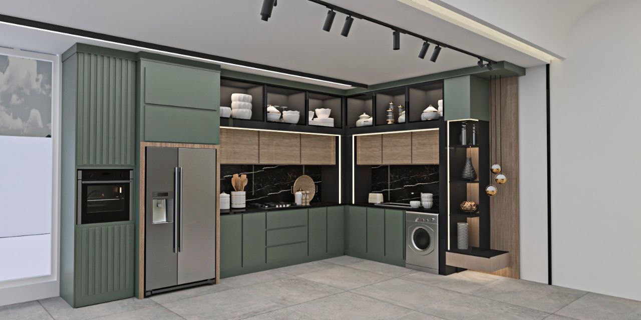 Modern marble design and green kitchen wider