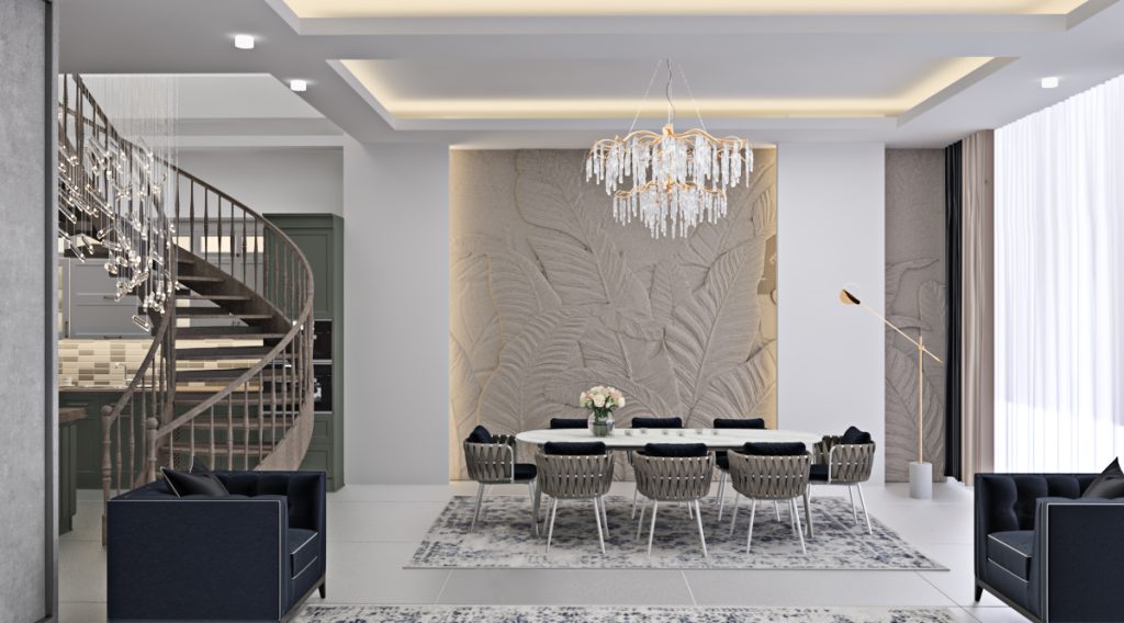 A modern dining area with nude colors