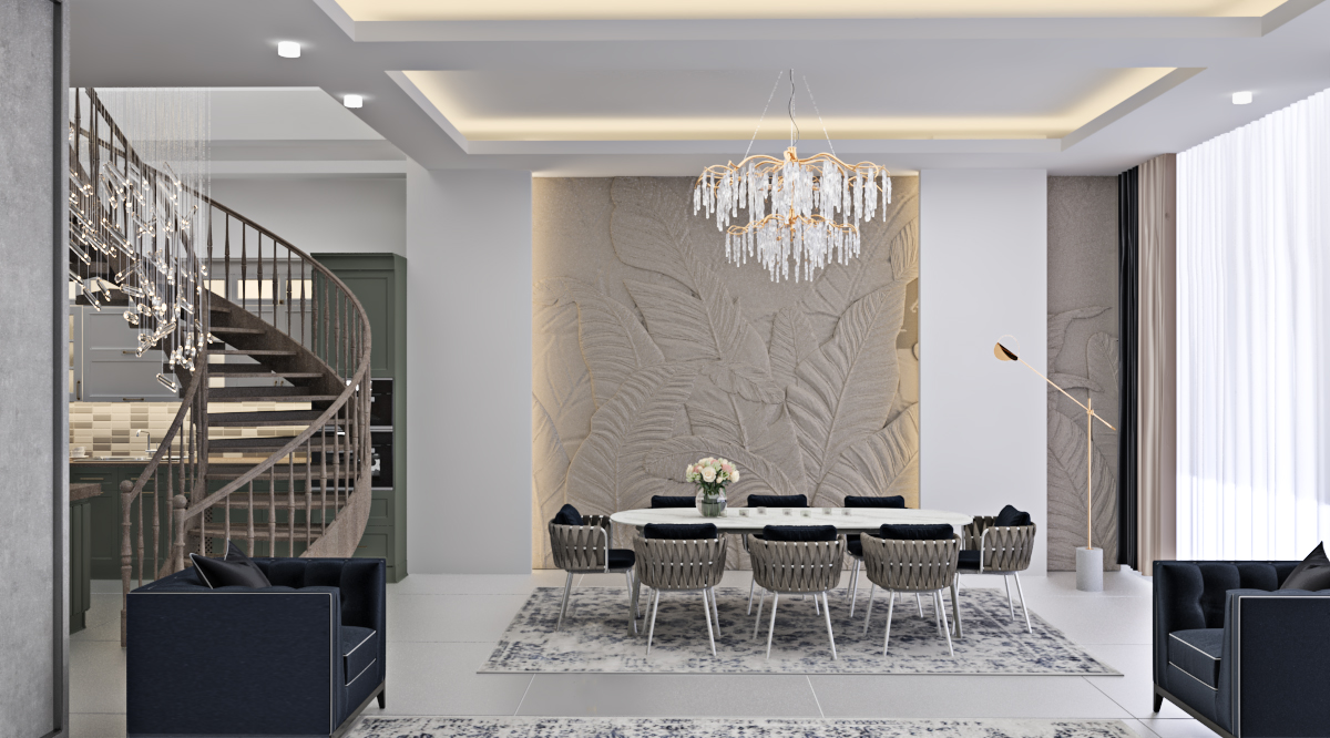 A modern dining area with nude colors